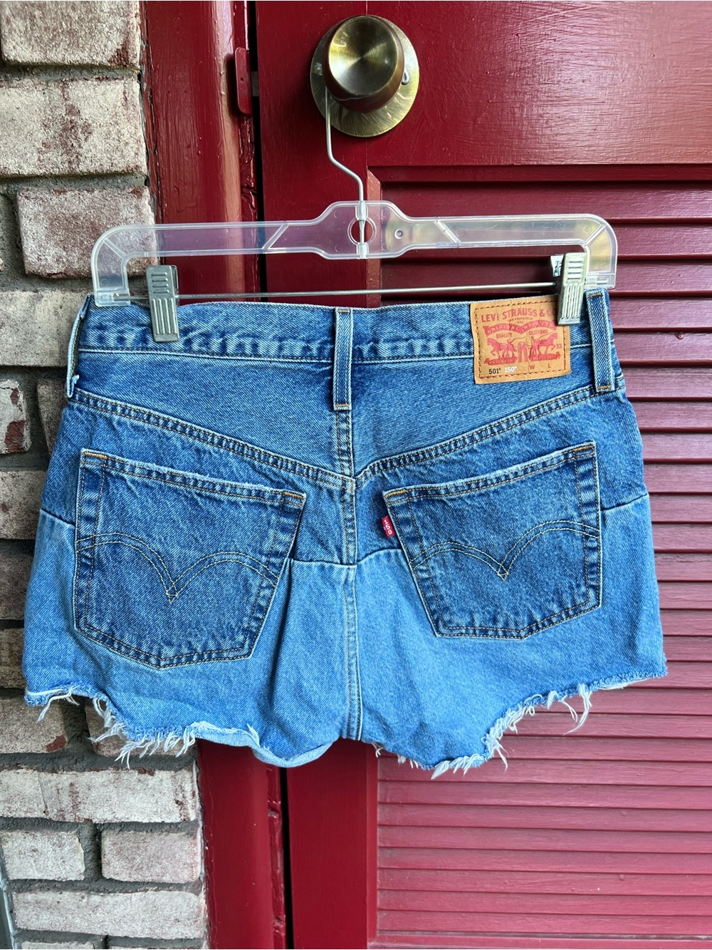Levi’s 501 High Rise Pieced 150th Anniversary Frayed Hem Jean Shorts Size 28 - Picture 7 of 12